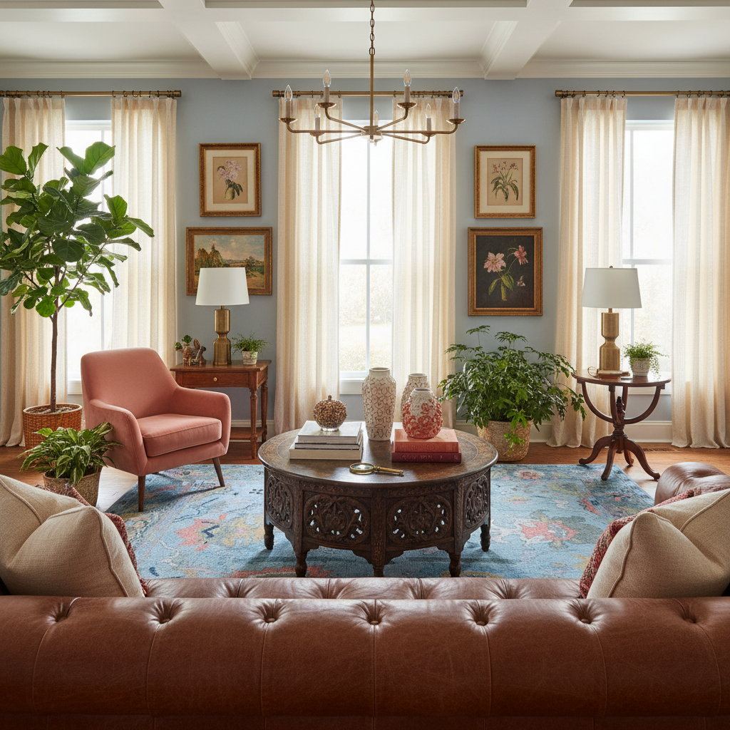 Living room with a brown sofa, round wooden coffee table, a traditional blue floral wool rug, and pink armchair.