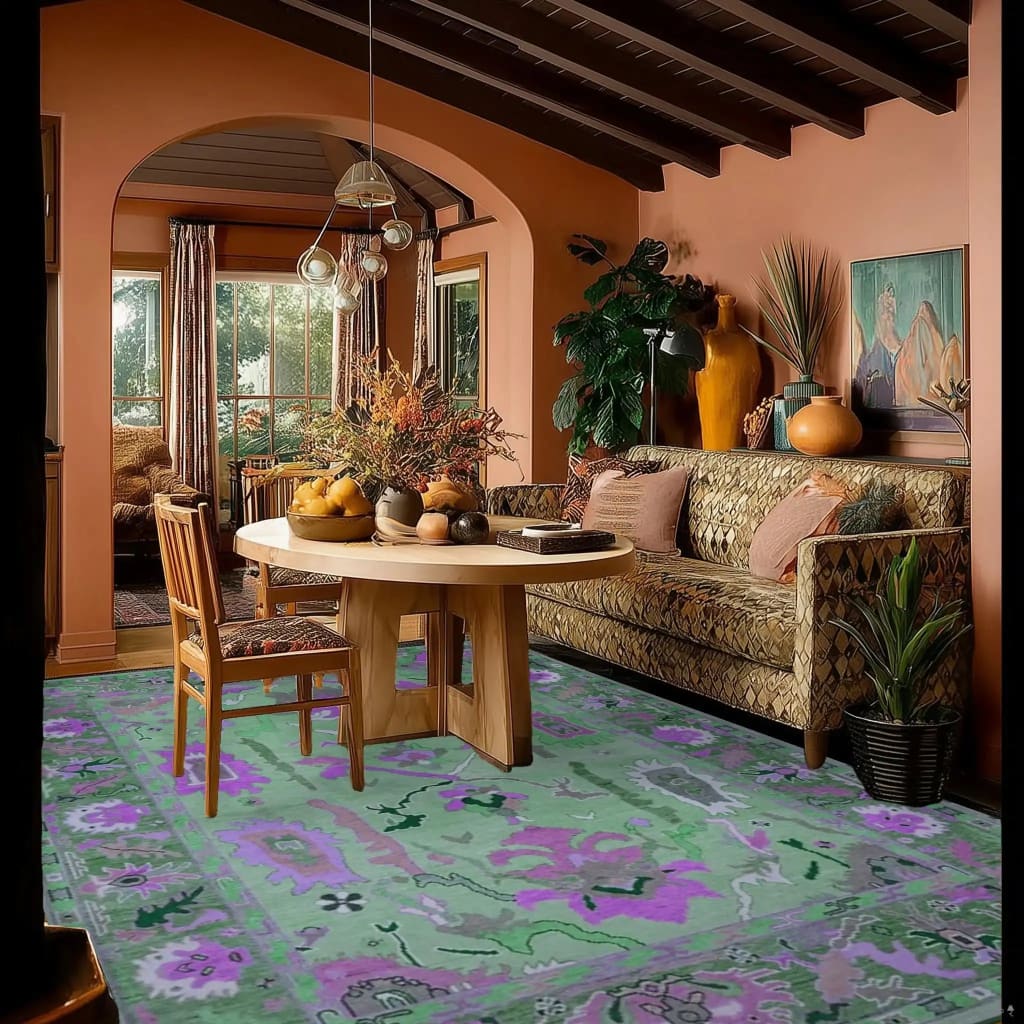 A cozy living room featuring a Traditional Floral Hand Tufted Wool Rug in green, perfectly complementing the elegant decor. The area rug, ideal for living room spaces, showcases a vibrant floral pattern and fits beautifully in an 8x10 layout. The wool rug adds warmth and style, enhancing the inviting atmosphere of the room.