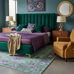 Modern bedroom with green upholstered bed, purple bedding, and a yellow armchair.