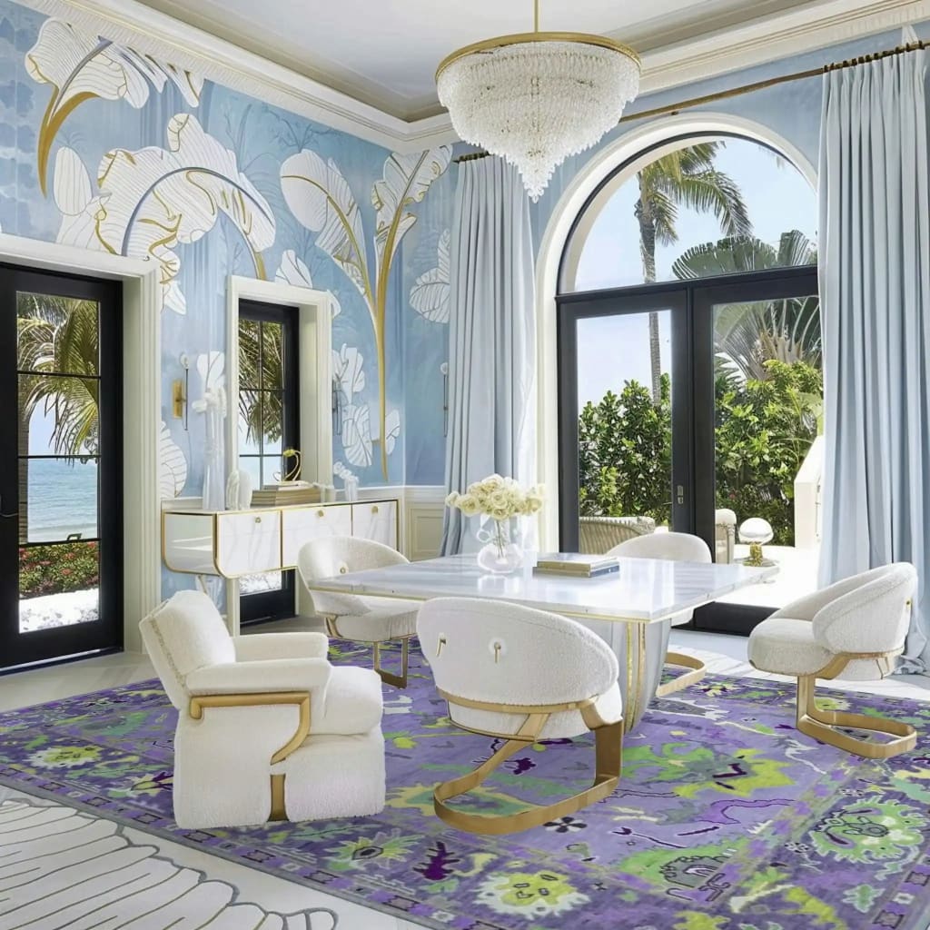 A luxurious living room featuring a Traditional Floral Hand Tufted Wool Rug in purple. This elegant area rug adds a vibrant touch to the sophisticated space with its intricate floral patterns, perfect for both office and living room settings. The room is adorned with plush white chairs and a chic glass table, creating a harmonious blend of comfort and style.