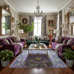 Luxurious living room with purple sofas, green armchair, a traditional wool rug, and decorative elements.