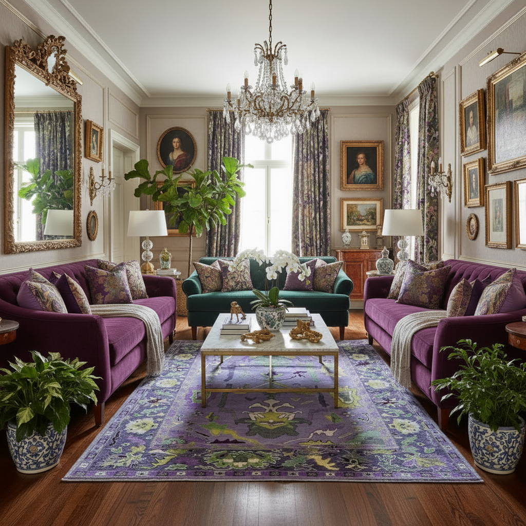 Luxurious living room with purple sofas, green armchair, a traditional wool rug, and decorative elements.