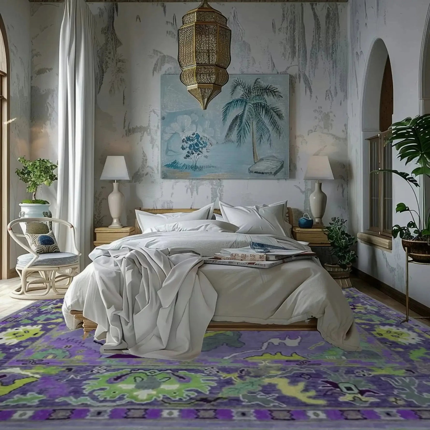 A beautifully styled bedroom featuring a Traditional Floral Hand Tufted Wool Rug in purple tones, adding a touch of elegance to the living space. The area rug complements the neutral bedding and decor, making it an ideal choice for both living rooms and office environments.