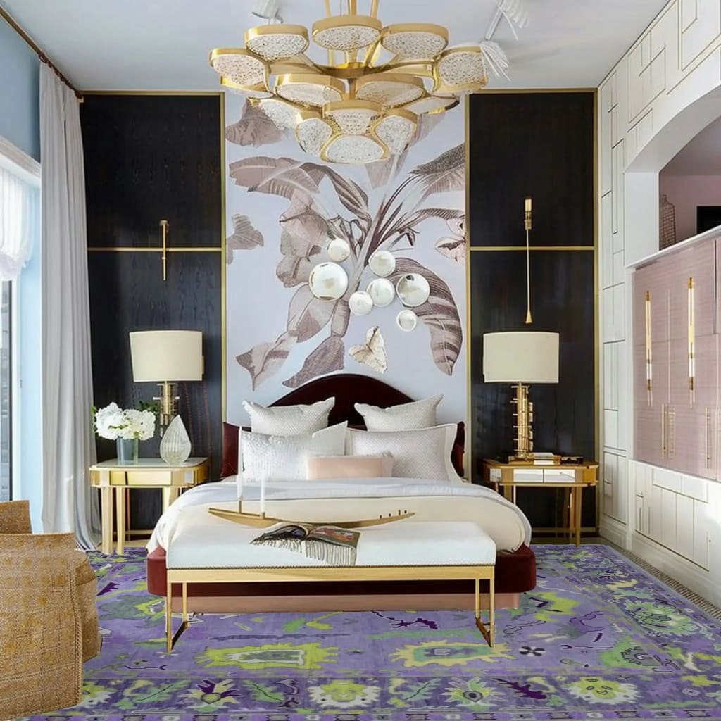 A beautifully styled living room featuring a traditional floral hand tufted wool rug in purple. The area rug adds a touch of elegance to the space, making it perfect for both living rooms and office settings. The intricate floral pattern and plush texture of the wool rug enhance the room's sophisticated decor.