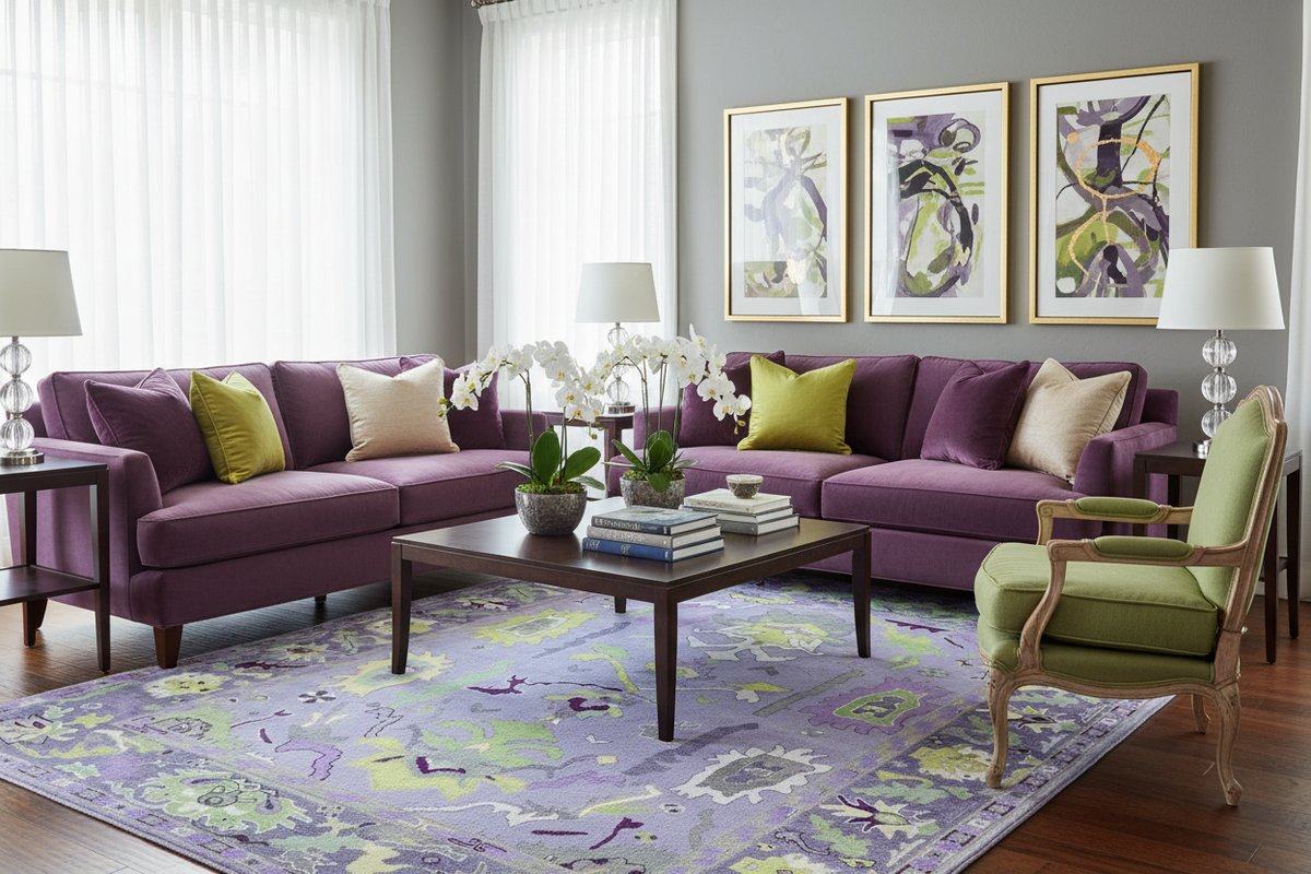 Living room with a purple rug, green chair, and abstract art on the wall.