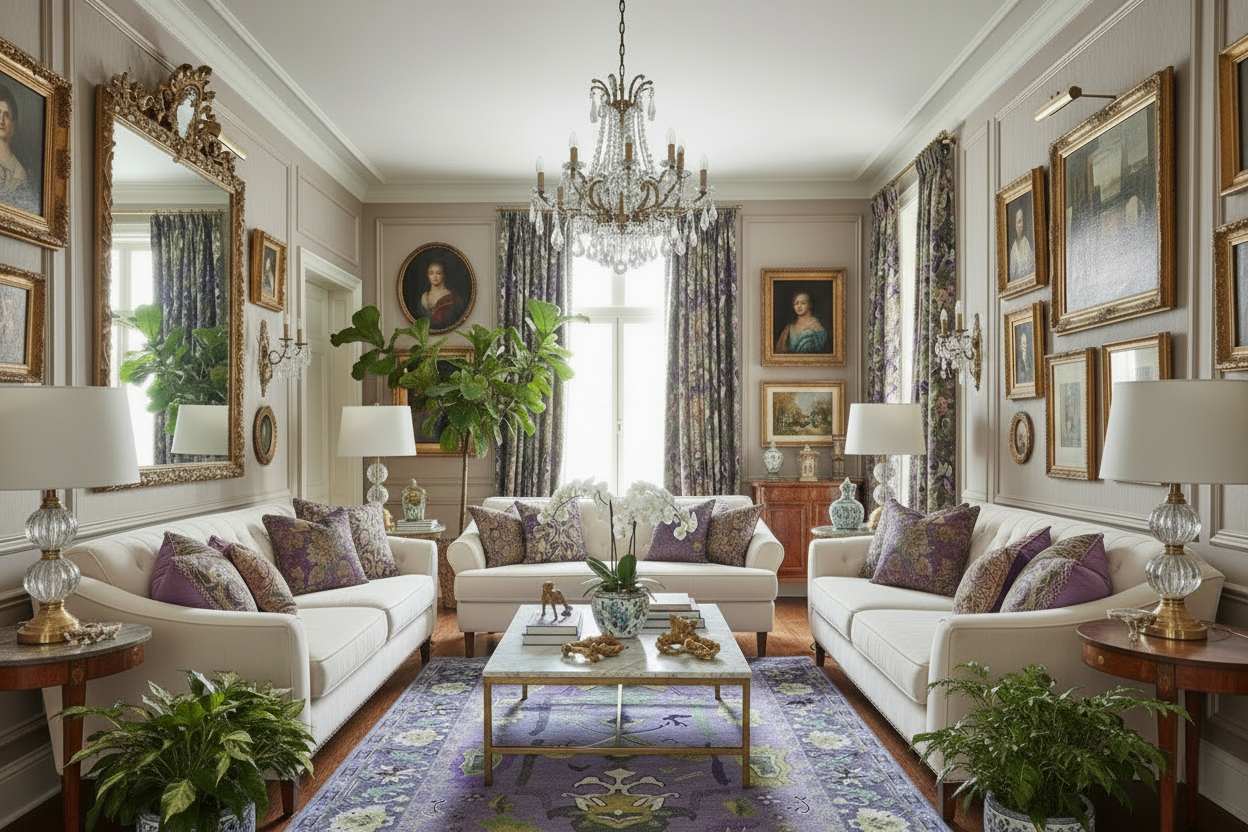 Elegant living room with white sofas, a purple traditional wool rug, decorative pillows, and a chandelier.