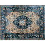 A beautifully intricate Traditional Oriental Hand Tufted Area Rug featuring a vintage design with rich blue and beige tones. Perfect for large living room spaces or as a dining room carpet, this wool rug adds an elegant touch to any home decor.