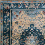 A beautifully detailed traditional Oriental hand-tufted area rug, perfect for large living rooms or dining rooms. This vintage wool rug showcases intricate floral and geometric patterns in rich blue and beige tones, making it an exquisite choice for living room or dining room carpets.