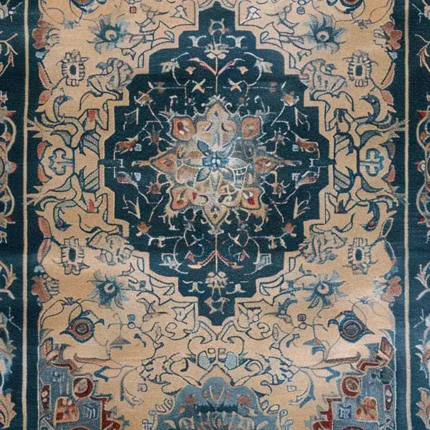 Detailed image of a traditional oriental hand-tufted area rug with an intricate vintage design. Ideal for large living rooms or dining areas, this wool rug showcases a rich palette and exquisite patterns, perfect for adding a touch of elegance to your dining room carpets.