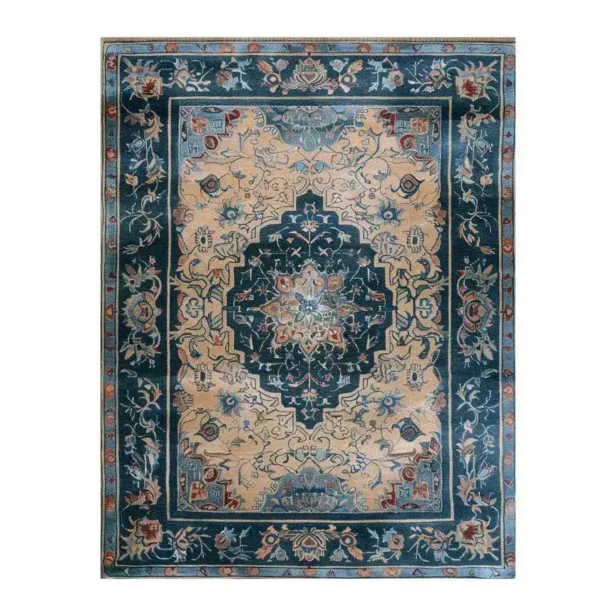 This traditional Oriental hand tufted area rug features an intricate vintage design with rich blue and beige tones, perfect for adding elegance to large living rooms or dining room spaces. Made from high-quality wool, this rug is not only a beautiful addition to your home decor but also durable and luxurious, making it an ideal choice for dining room carpets and living room floors.