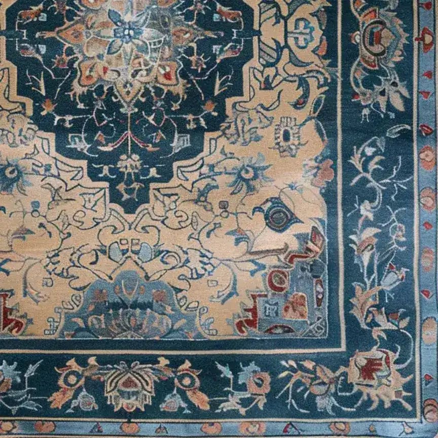 Close-up view of a traditional Oriental hand tufted area rug, featuring intricate patterns and rich colors, perfect for large living rooms or dining rooms. This wool rug showcases vintage designs with floral and geometric motifs, adding elegance to any space.