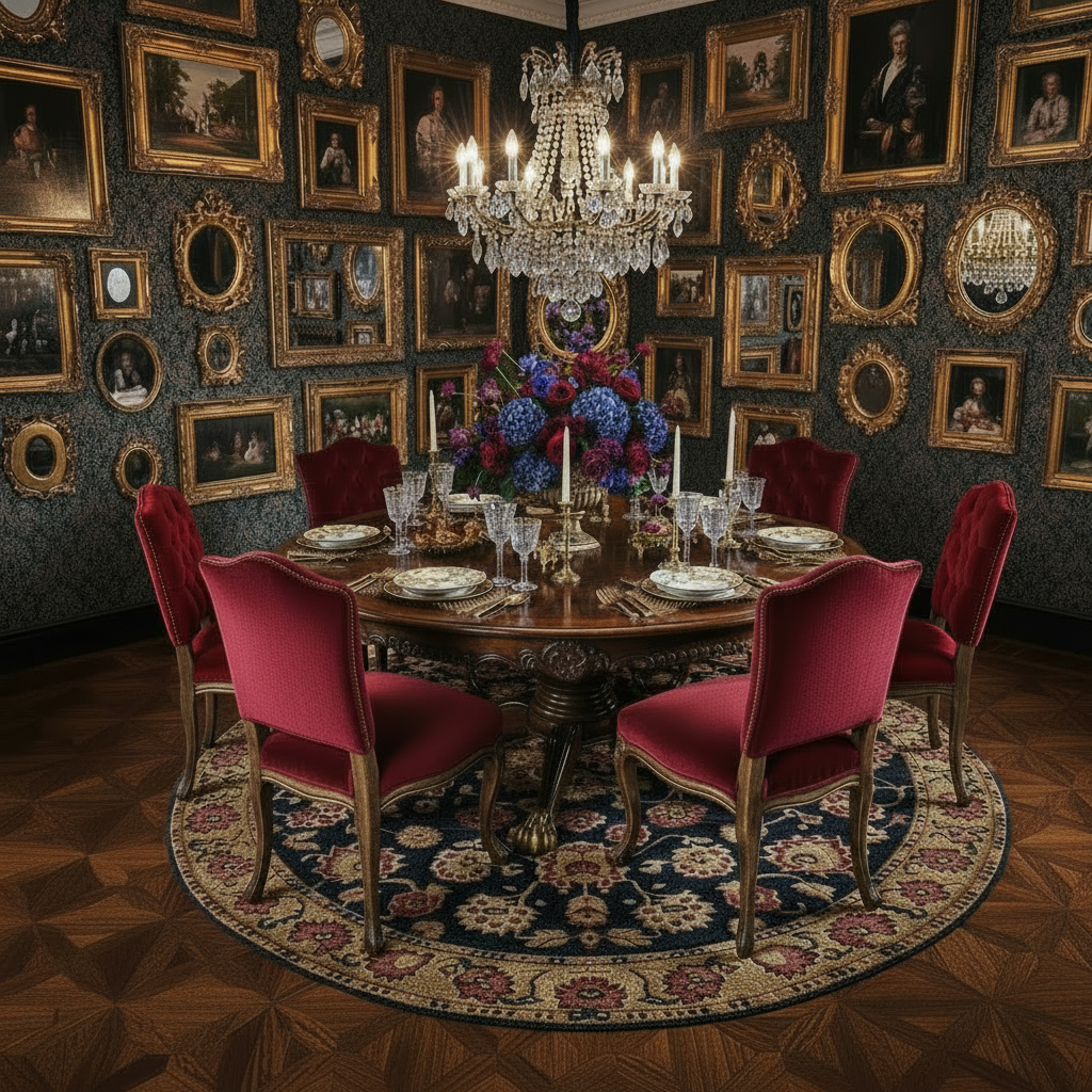 Dining room with a floral round rug, ornate walls, chandelier, and a table set for dinner.