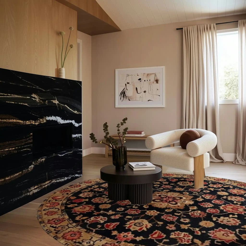 This inviting bedroom features a Traditional Whirl Hand Tufted Round Rug as its centerpiece. The wool rug showcases an intricate floral design with vintage charm, perfect for adding warmth to any bedroom. The large area rug complements the modern decor, accentuating the cozy atmosphere with a touch of elegance.