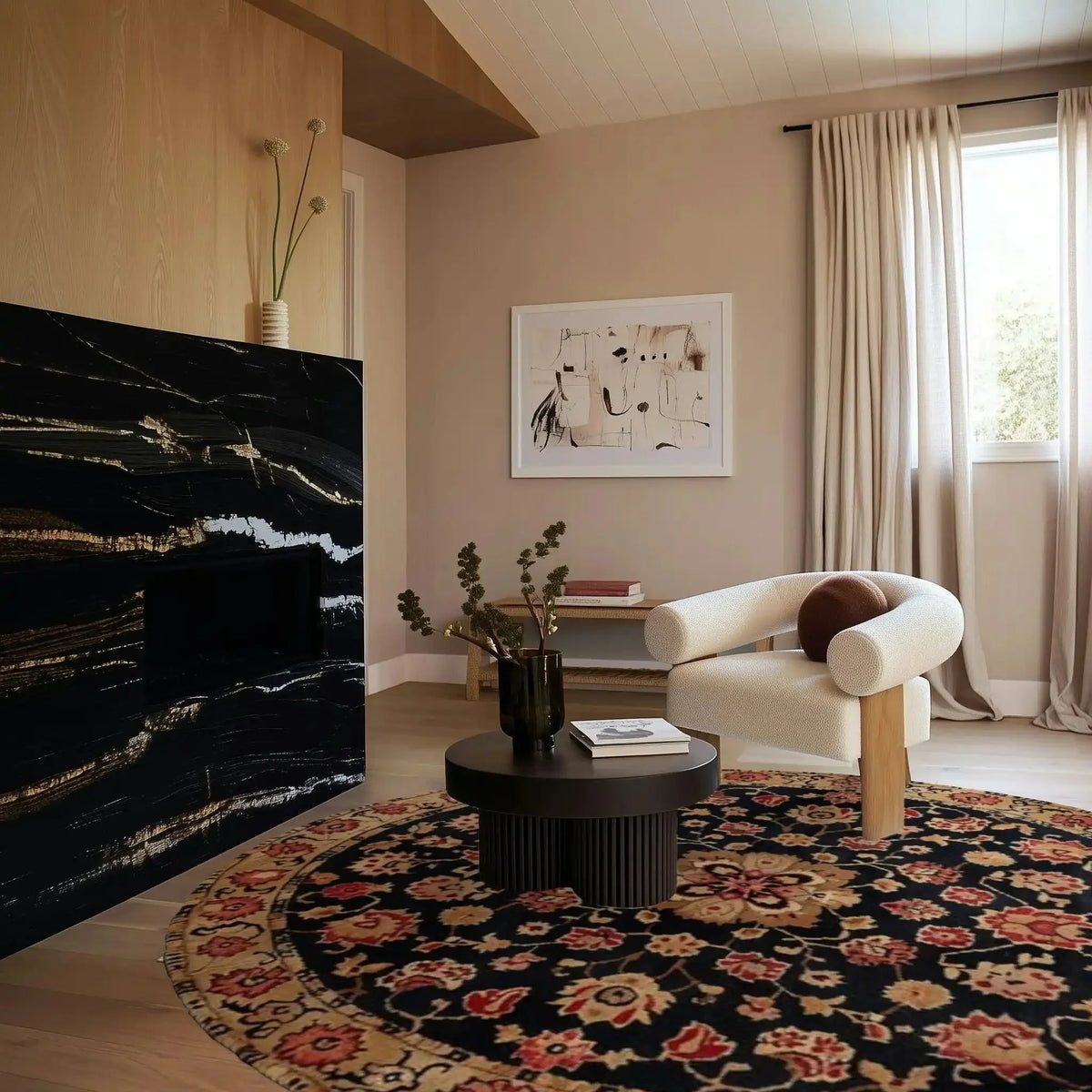 This inviting bedroom features a Traditional Whirl Hand Tufted Round Rug as its centerpiece. The wool rug showcases an intricate floral design with vintage charm, perfect for adding warmth to any bedroom. The large area rug complements the modern decor, accentuating the cozy atmosphere with a touch of elegance.