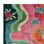 Close-up view of the Trailing Flower Thread Hand Tufted Area Rug, showcasing a vibrant floral pattern with colorful roses and abstract waves. Perfect for adding a splash of color to living room area rugs, this wool rug combines elegance and comfort, ideal for those seeking unique rugs for the living room.