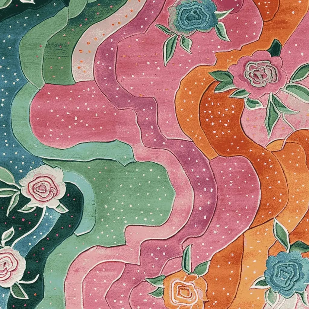 This vibrant area rug showcases a stunning array of floral patterns in bold colors, perfect for adding a touch of elegance to any living room. The hand-tufted wool rug features playful swirls of pink, green, and orange hues, adorned with delicate flowers, making it an ideal choice for those seeking floral rugs or living room area rugs.