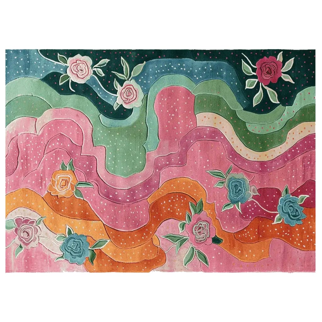 Vibrant Trailing Flower Thread Hand Tufted Area Rug with a rich floral design featuring colorful roses and abstract wavy patterns. Perfect for adding a touch of elegance to living room spaces. This wool rug combines beauty and durability, ideal for those seeking floral rugs for living room ambiance.