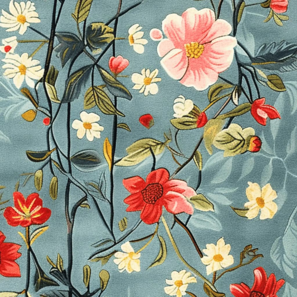 Close-up view of the Tranquil Bloom Vista Hand Tufted Rug showcasing its intricate floral design with vibrant red, pink, and white flowers on a soft blue background. This area rug, crafted from high-quality wool, is perfect for adding a touch of vintage charm to your living room or office. Ideal for living room area rugs in an 8x10 size, this floral rug brings both elegance and comfort to any space.