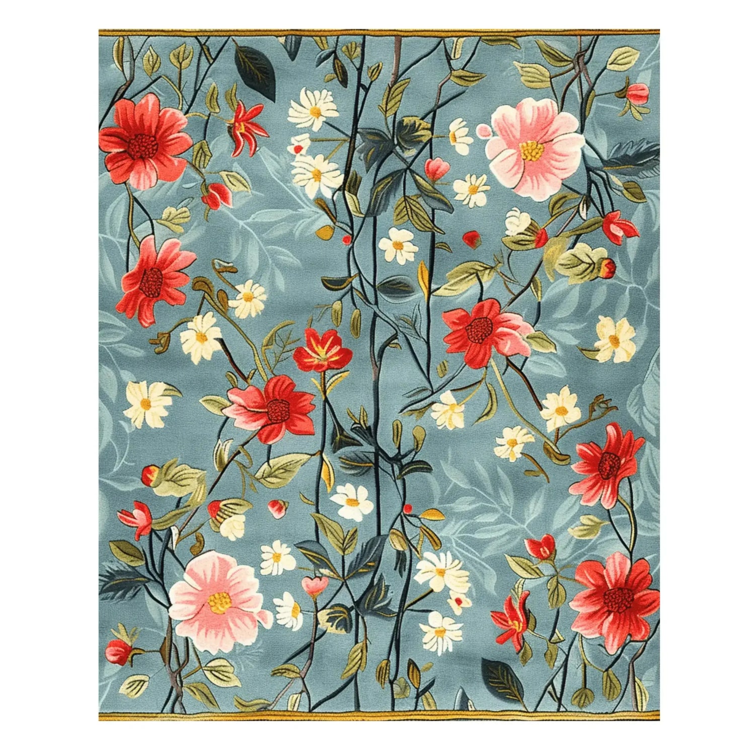 The Tranquil Bloom Vista Hand Tufted Area Rug features a stunning floral design with vibrant red, pink, and white flowers against a soothing blue background. This wool rug adds a vintage touch, perfect for enhancing living room or office spaces. Ideal as an 8x10 living room area rug, it combines elegance with durability, making it a standout piece for any home decor.