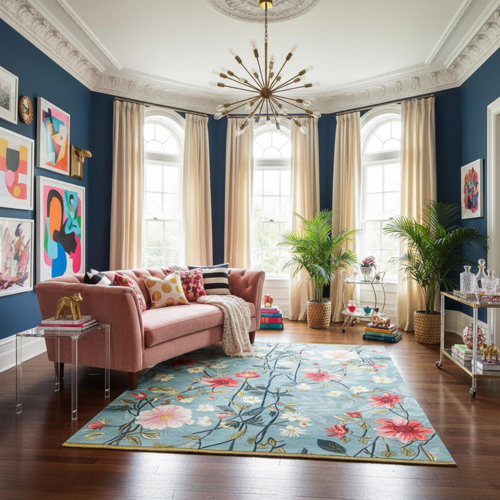 Living room with a pink sofa, colorful floral blue rug, and decorative elements.