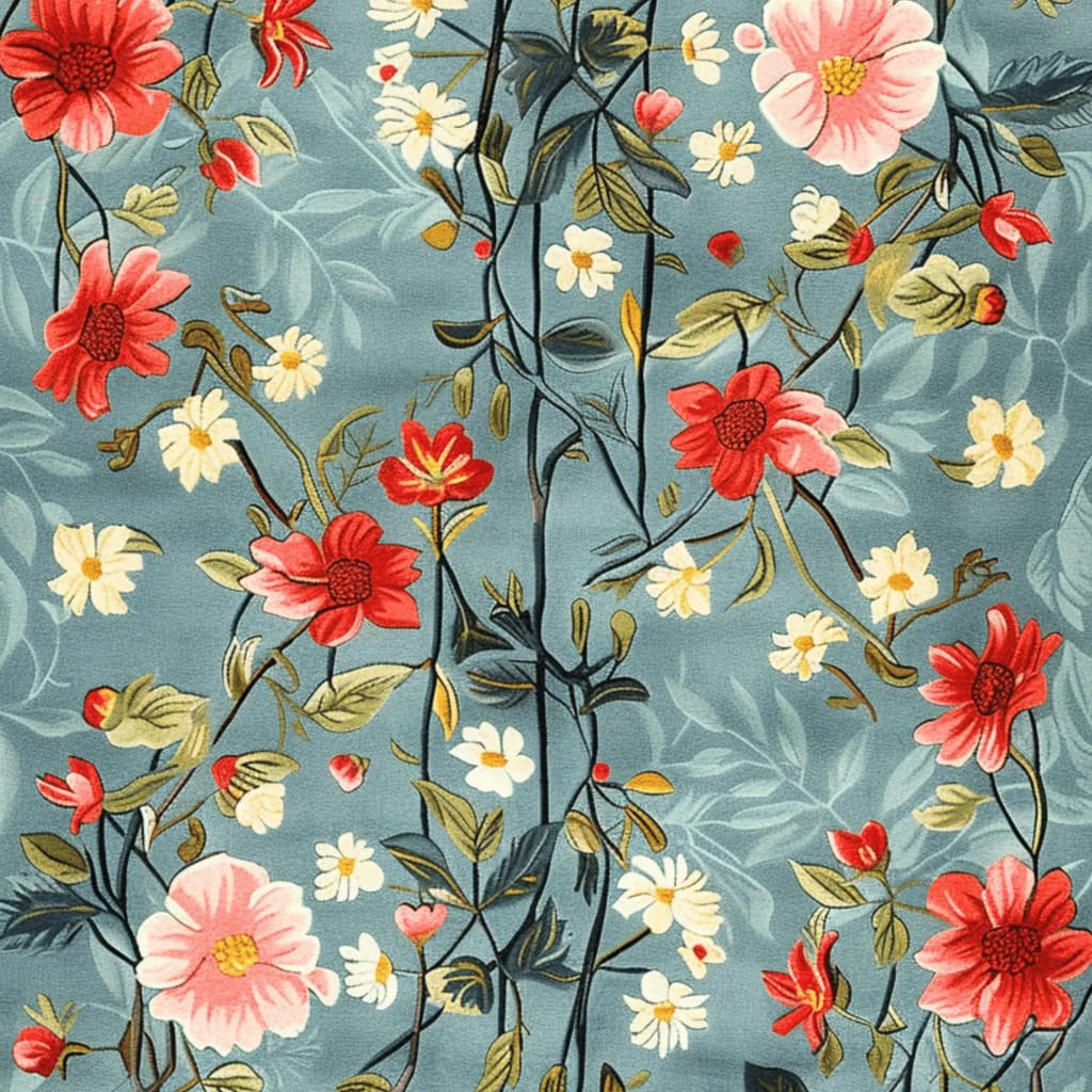 A vibrant Tranquil Bloom Vista hand-tufted area rug featuring a stunning floral design with red and pink flowers on a soft blue background. This wool rug is perfect for a living room or office, offering a vintage charm ideal for living room rugs in 8x10 sizes.