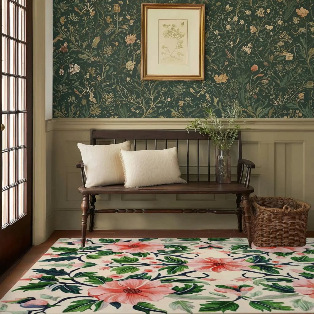 A vibrant floral area rug made of wool, perfect for a living room setting. The rug features lush green leaves and vivid pink flowers, adding a touch of nature-inspired elegance to the room. Ideal for those seeking area rugs for living rooms that combine style and comfort.