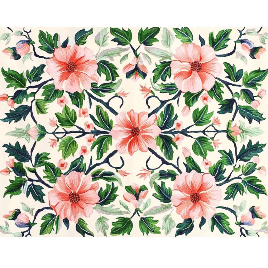 Beautiful hand-tufted area rug with a vibrant floral design, featuring large pink flowers and lush green leaves, perfect for adding elegance to any living room. This wool rug enhances the warmth and style of living room area rugs with its intricate patterns.