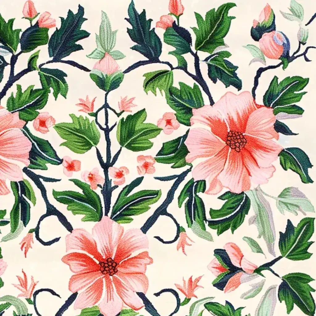 Close-up view of the Tranquil Garden Hand Tufted Area Rug featuring a beautiful floral pattern with pink blossoms and lush green leaves. This wool rug is perfect for adding a touch of nature to your living room, ideal for those seeking elegant area rugs for living room decor.