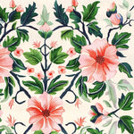 Close-up view of the Tranquil Garden Hand Tufted Area Rug featuring a beautiful floral pattern with pink blossoms and lush green leaves. This wool rug is perfect for adding a touch of nature to your living room, ideal for those seeking elegant area rugs for living room decor.