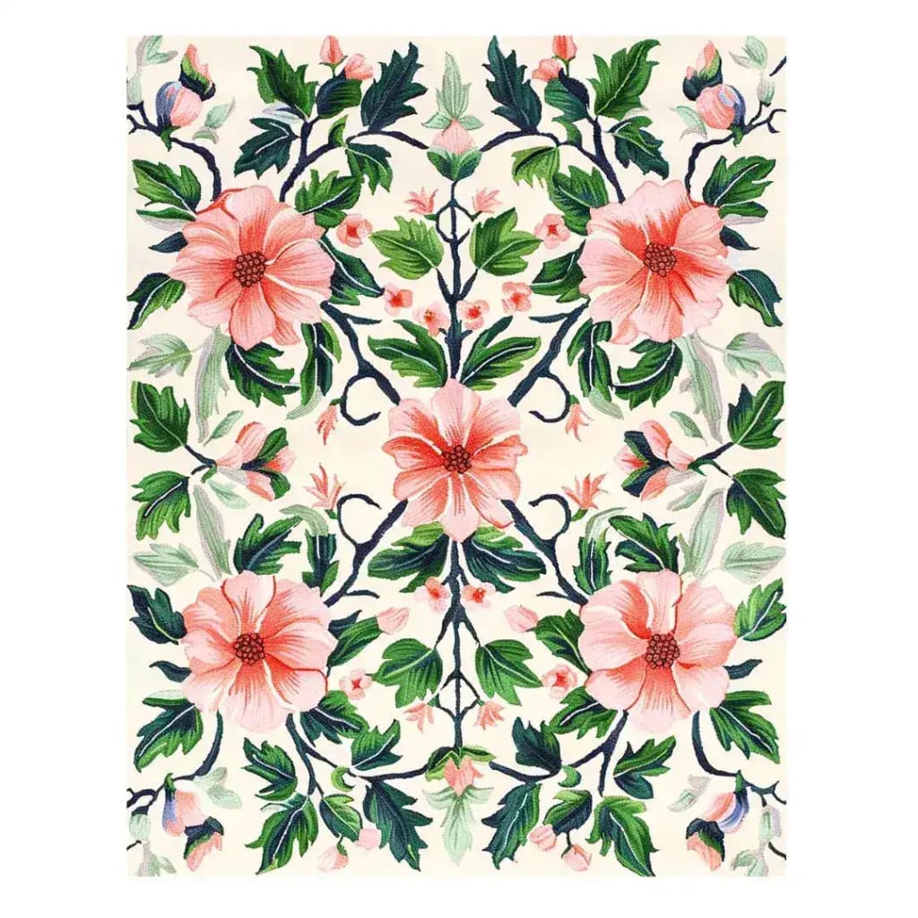 A beautiful Tranquil Garden Hand Tufted Area Rug featuring a vibrant floral design, perfect for adding elegance to any living room. This wool rug showcases large pink flowers and lush green leaves, making it an ideal choice for those seeking area rugs for living room with a touch of nature.