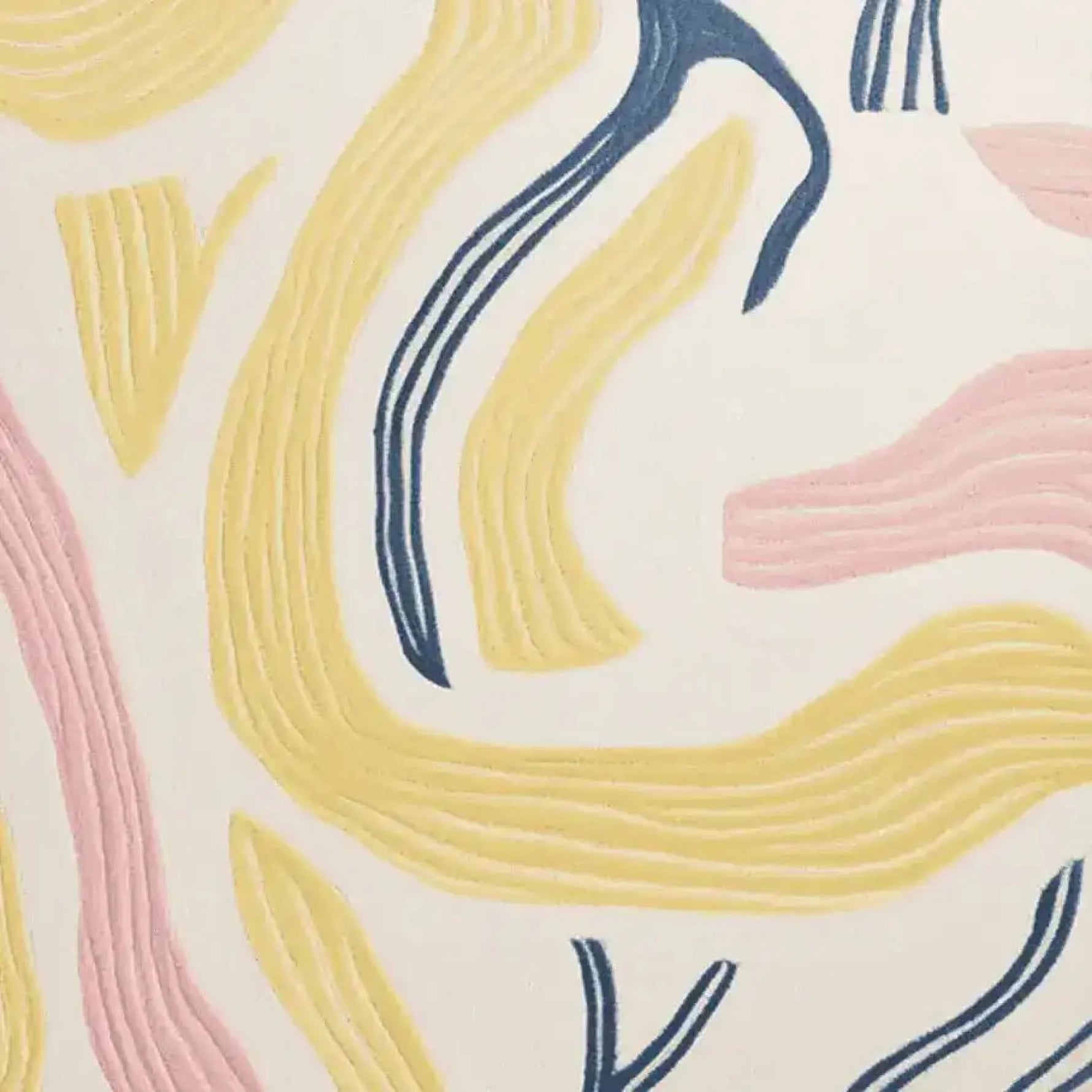 A close-up view of the Tranquil Line Dance Hand Tufted Rug, showcasing its abstract design with flowing yellow, pink, and blue lines on a light background. This contemporary wool area rug adds a vibrant touch to large living room spaces, perfect for those seeking unique rugs for their living room.