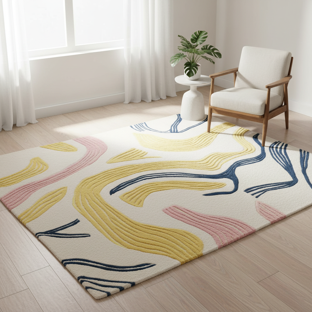 Colorful abstract rug on a wooden floor with a chair and plant in the background.