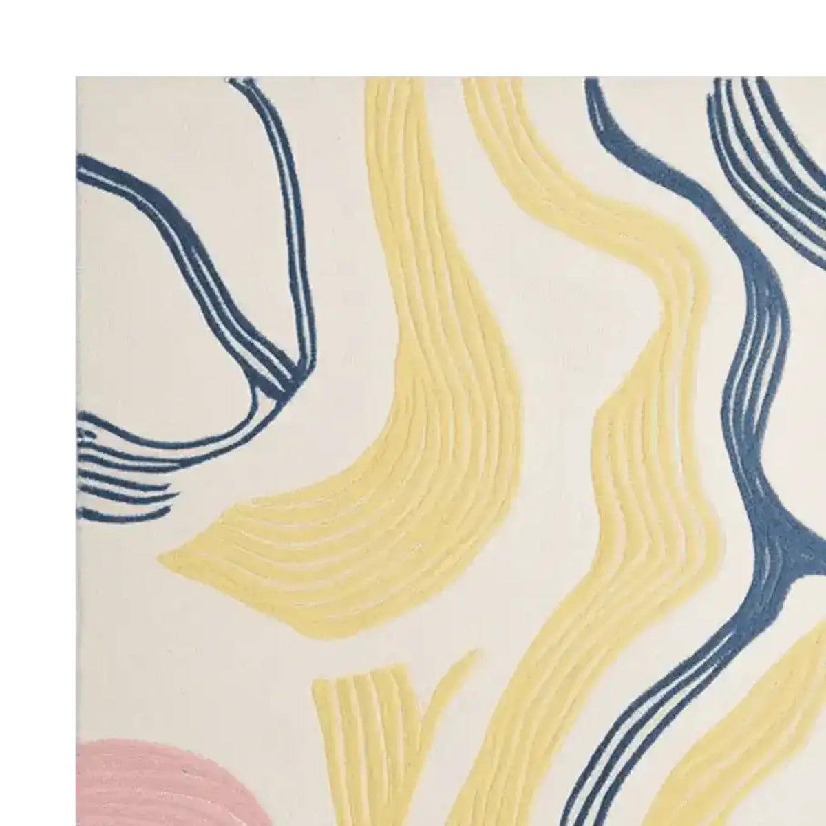 Close-up of the Tranquil Line Dance Hand Tufted Area Rug featuring an abstract design in blue, yellow, and pink. This contemporary wool rug is perfect for large living rooms, adding a modern touch to any space.