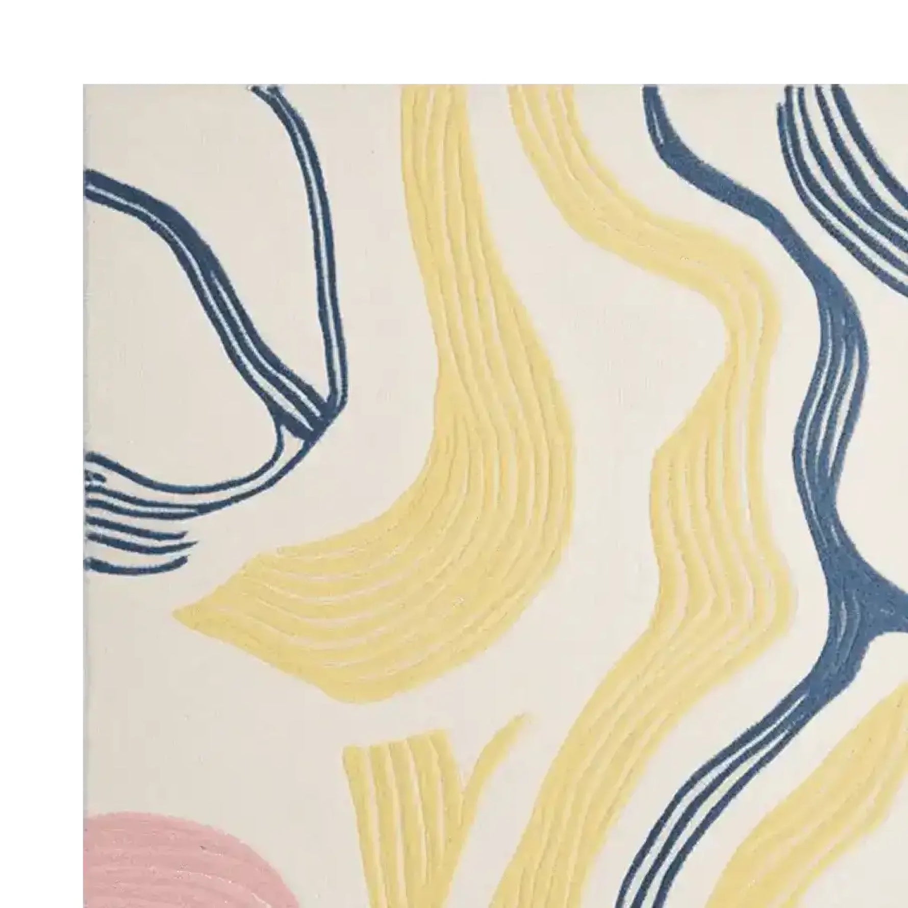 Close-up of the Tranquil Line Dance Hand Tufted Area Rug featuring an abstract design in blue, yellow, and pink. This contemporary wool rug is perfect for large living rooms, adding a modern touch to any space.