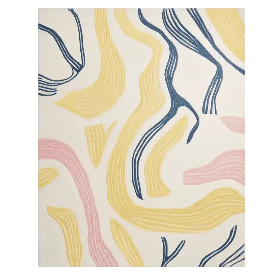 A vibrant hand-tufted area rug featuring abstract, flowing lines in shades of blue, yellow, and pink on a cream background. Perfect for enhancing contemporary living spaces, this large wool rug adds a stylish touch to any living room.