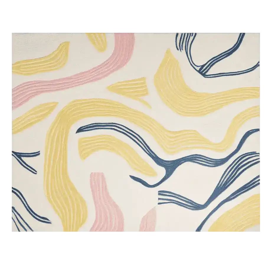 Top view of the Tranquil Line Dance Hand Tufted Area Rug showcasing an abstract design with flowing lines in pastel yellow, pink, and navy blue. Perfect for those seeking a contemporary wool rug to enhance large living room spaces.