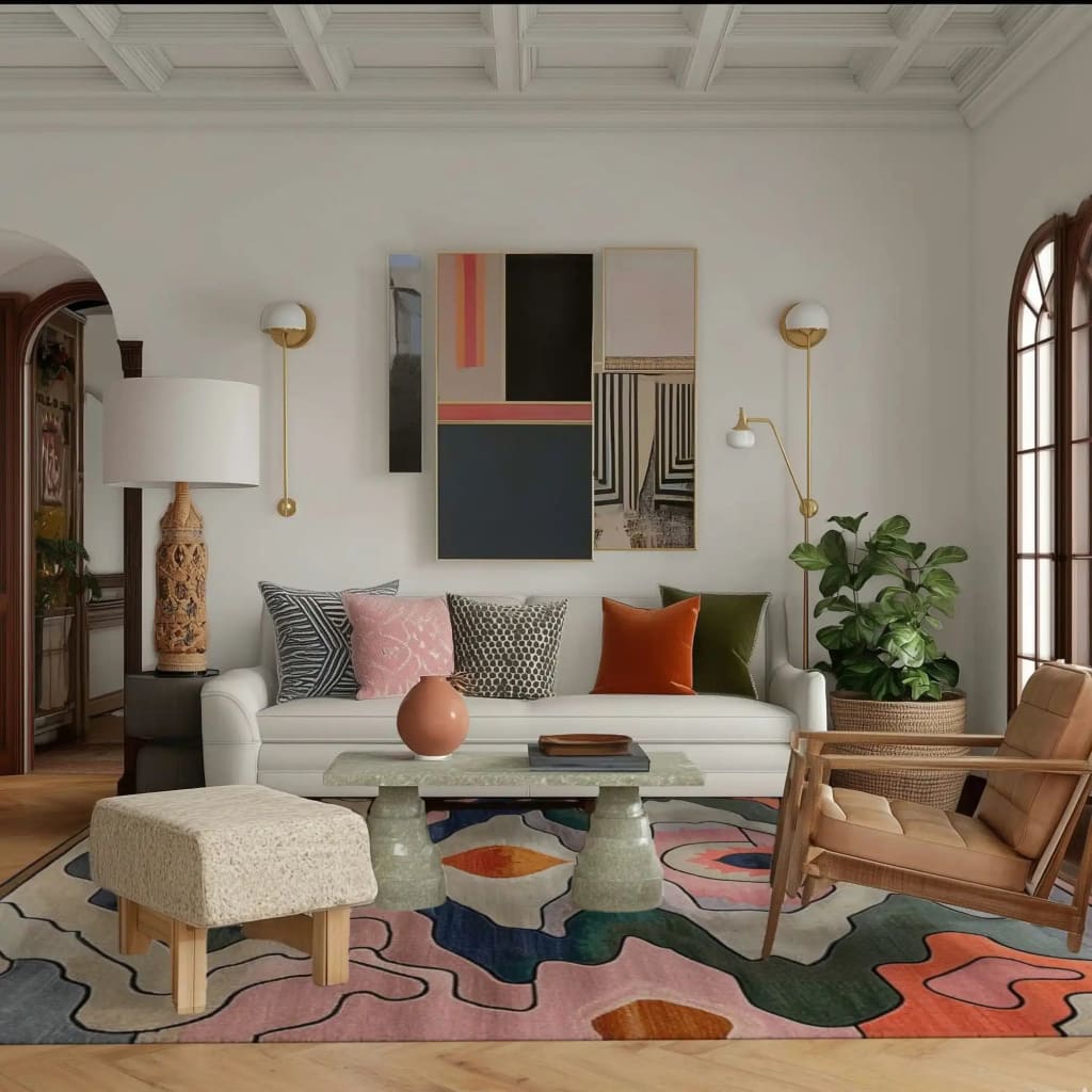 A vibrant and contemporary Area Rug in a large living room setting. The wool rug features an abstract design with colorful patterns, adding a modern touch to the decor. It complements the cozy seating area with a white sofa, patterned cushions, and a stylish coffee table. Ideal for those seeking area rugs for living room or office spaces.