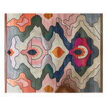 A vibrant and contemporary hand-tufted wool area rug featuring an abstract design with colorful patterns in shades of pink, orange, green, and blue. Perfect for large living rooms or office spaces, this rug adds a modern touch to any area.