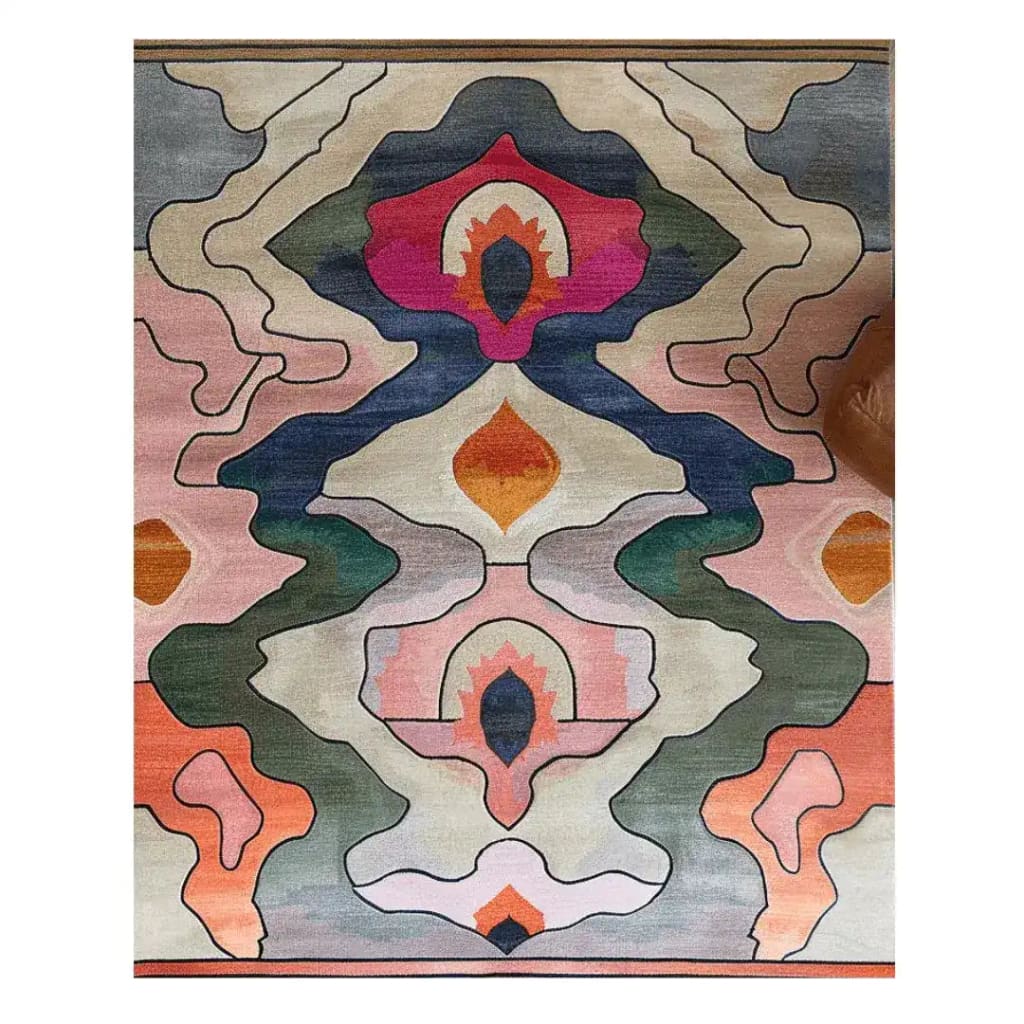 Top view of the Tranquil Mornings Hand Tufted Rug, a contemporary area rug featuring an abstract, colorful design. Ideal for large living rooms, this wool rug adds a vibrant touch to any living room or office space, making it a perfect choice for those seeking stylish area rugs for living rooms.