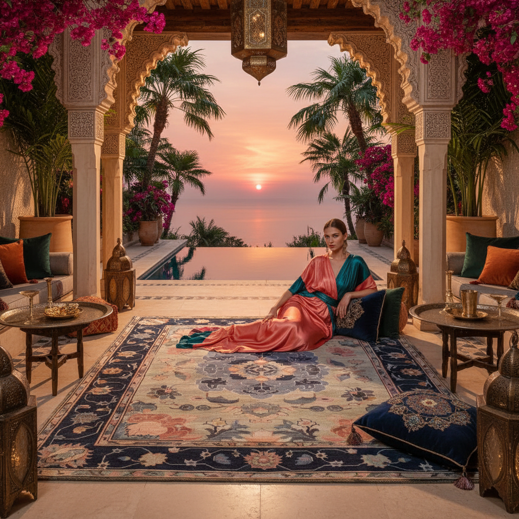 Woman in a colorful dress sitting on a patterned rug with a scenic sunset view.