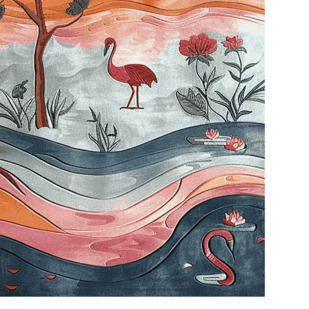 A vibrant area rug showcasing a hand-tufted wool design with abstract floral and flamingo motifs. This square rug features a blend of warm orange, pink, and blue hues, perfect for adding a touch of elegance to living room spaces. Ideal as an 8x10 square area rug, it combines artistic flair with functionality, embodying the essence of floral rugs for living room decor.