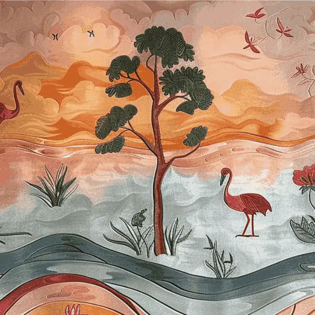 A beautifully detailed hand tufted area rug featuring a serene landscape design with trees, birds, and abstract waves. This wool rug showcases vibrant colors, making it a perfect square rug choice for living room spaces, ideal as an 8x10 square area rug. Its floral elements and artistic depiction make it an exquisite addition to rugs for living room decor.