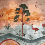 A beautifully detailed hand tufted area rug featuring a serene landscape design with trees, birds, and abstract waves. This wool rug showcases vibrant colors, making it a perfect square rug choice for living room spaces, ideal as an 8x10 square area rug. Its floral elements and artistic depiction make it an exquisite addition to rugs for living room decor.