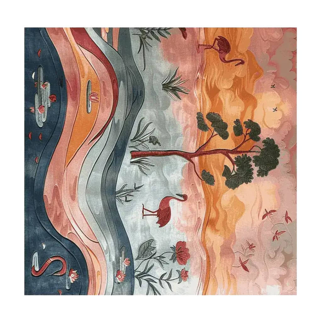 A vibrant area rug featuring a tranquil design with flowing waves and serene landscapes, perfect for adding a touch of elegance to any living room. This wool rug showcases a blend of warm and cool colors with intricate patterns of trees and flamingos, making it an ideal choice for living room rugs 8x10. The floral and abstract elements blend seamlessly in this square rug, enhancing its appeal as a square area rug for those seeking unique rugs for living room spaces.
