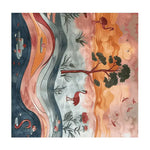 A vibrant area rug featuring a tranquil design with flowing waves and serene landscapes, perfect for adding a touch of elegance to any living room. This wool rug showcases a blend of warm and cool colors with intricate patterns of trees and flamingos, making it an ideal choice for living room rugs 8x10. The floral and abstract elements blend seamlessly in this square rug, enhancing its appeal as a square area rug for those seeking unique rugs for living room spaces.