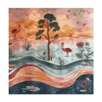 The Tranquil Tides Hand Tufted Rug is a captivating wool area rug, ideal for living rooms, featuring a stunning abstract design with birds, trees, and floral elements. This square rug, measuring 8x10, showcases a harmonious blend of warm and cool tones, making it a perfect square area rug choice for adding elegance to any space.
