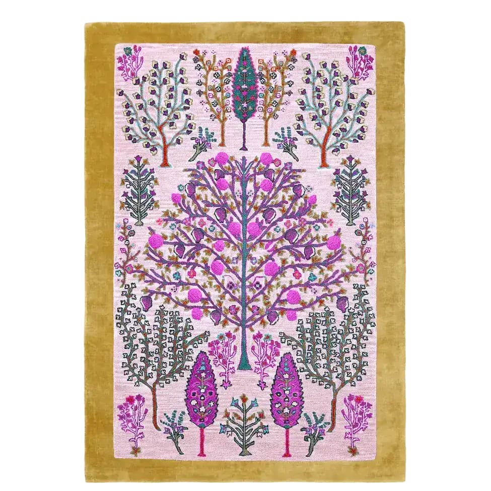 Tree of Life Pink Mustard Hand Tufted Wool Rug showcasing a vibrant boho design. This large area rug features intricate tree patterns with pink and mustard tones, perfect for adding a touch of elegance to any living room. Ideal as a wool rug for those seeking stylish living room rugs 8x10 or large area rugs for the living room.