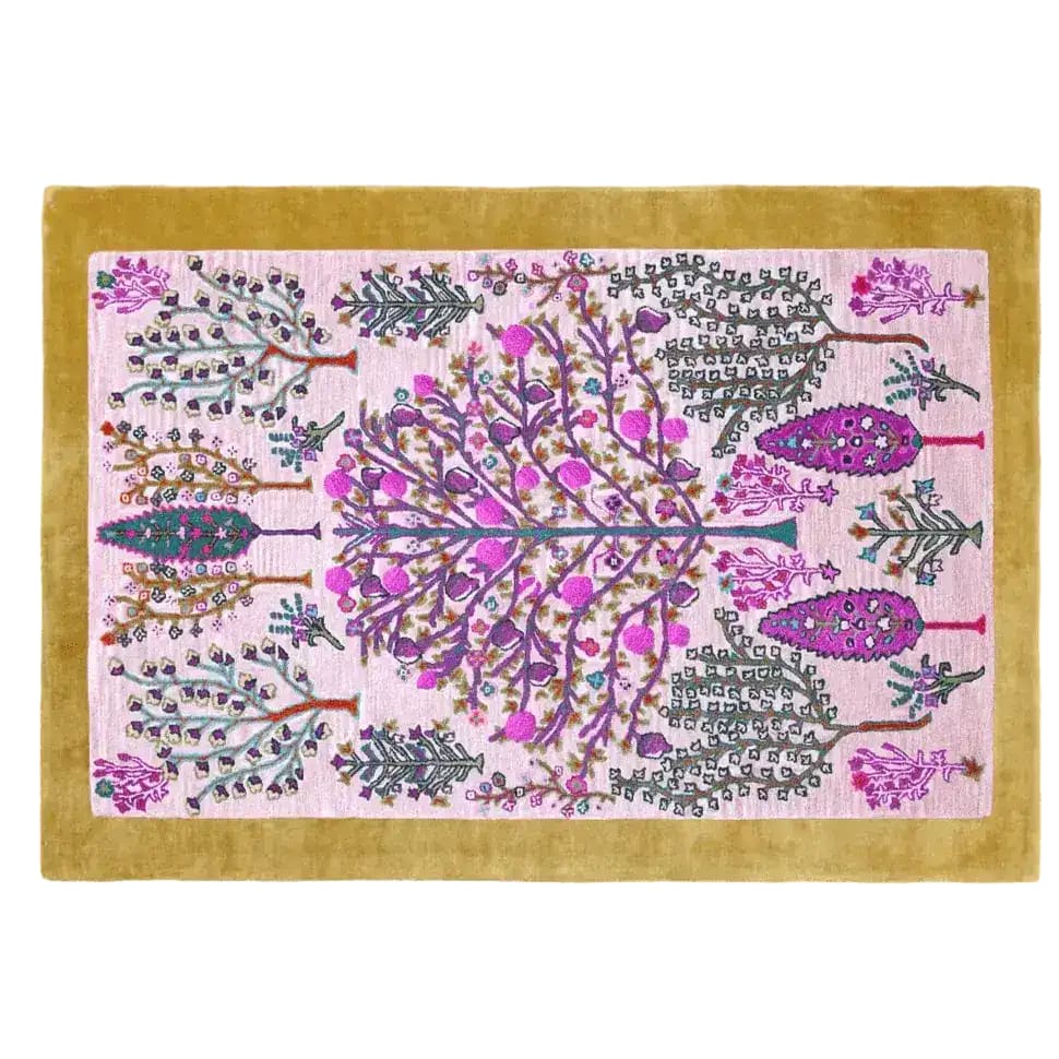 Vibrant Tree of Life Pink Mustard Hand Tufted Wool Rug showcasing intricate boho designs, perfect as a large area rug for the living room. This elegant 8x10 wool rug combines rich pinks and mustard tones, adding warmth and style to any space.