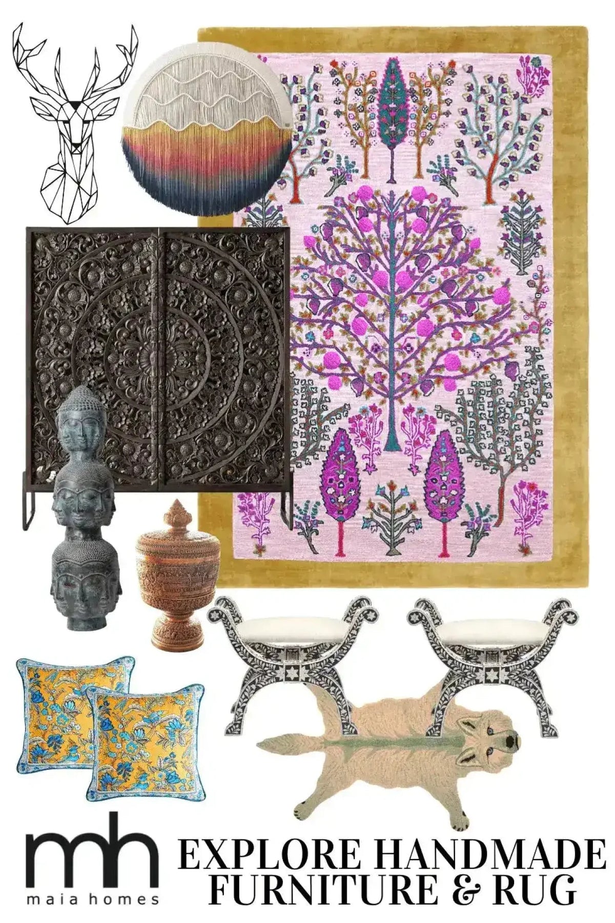 Vibrant Tree of Life Pink Mustard Hand Tufted Wool Rug. This large area rug features a boho design with colorful trees and intricate patterns, perfect for adding warmth and style to a living room. Ideal as an 8x10 area rug, this wool rug brings a touch of nature indoors.