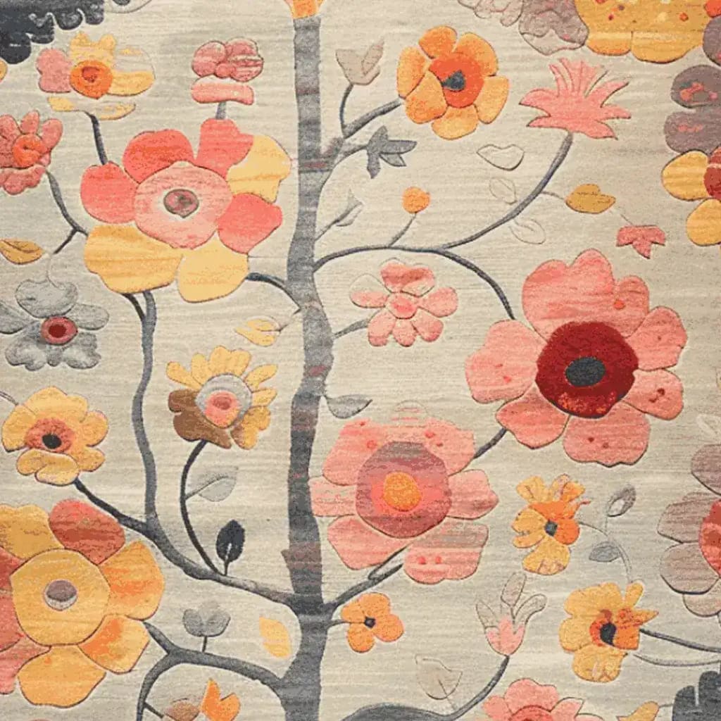 A beautifully detailed hand-tufted area rug showcasing a vibrant floral design with colorful blooms in shades of red, orange, and yellow on a soft beige background. Perfect for enhancing the aesthetics of your living room, this wool rug adds a touch of elegance and warmth, making it an ideal choice for those seeking floral rugs for living room decor.